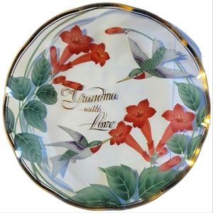 Vtg 91 Lefton To Grandma With Love Gold Hummingbird Floral Glass Plate Dish